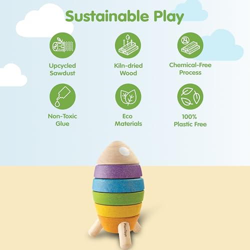 Image of PlanToys Wooden Stacking Rocket Toy for Toddlers | Montessori Educational STEM Learning Toy | Colorful Wooden Rocket Ship Stacker for Fine Motor Skills, Problem Solving, Preschool Gift