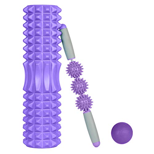 Rodillo de Yoga?Foam Roller?Rodillos de Espuma para Ejercicios musculares Foam Roller Kit con Rejilla de Liberación Miofascial, 3-en-1 Kit de Rodillo Masaje Muscular con Rodillos de Espuma (Púrpura)