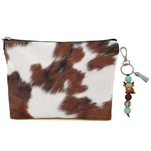 Cow Fur Print Makeup Bag for Women Lady Bestie, Large Capacity Makeup Pouch Travel Organizer Toiletry Cosmetic Bag, Highland Cow Silicone Beaded Keychain with Tassel, Gifts for Women