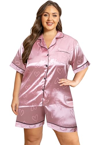 Image of Vozanet Women's Short Sleeve Satin Pajama Sets Silky Ladies Button Down Loungewear Plus Size Nighty Shorts Sets XL to 5XL
