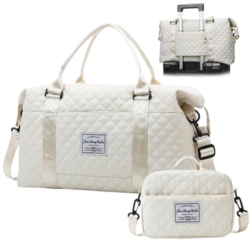 Duffle Bag for Travel, 2pcs/set 18.5inch Travel Duffle Bag with 9.5in Toiletry Bag, Carry on Overnight Bag, Travel Duffle Bag, Large Capacity Weekender Bag, Yoga Gym Bag for Women Men (White)2