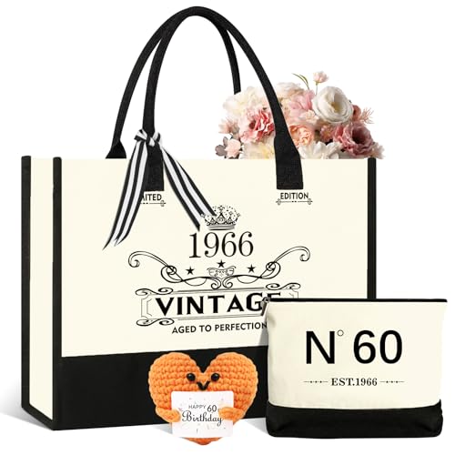 Regalo de 60 cumpleaños para mujeres, bolso de la compra de lona vintage 1966, bolsa de lona para 60 cumpleaños, bolsa de lona y corazón creativo de lana de punto para mamá, colega, novia, hermana