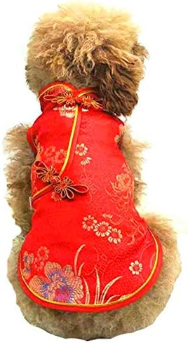 Yu-Xiang Pet Costume Tang Suit Dog Cheongsam Satin Clothes Chinese Style Clothing for Dogs Pet Skirt Puppy Cats Dress Dog Vest Tshirt (Red, XS)