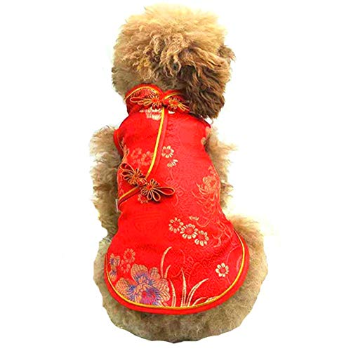 SEIS Pet Costume Tang Suit Dog Cheongsam Satin Clothes Chinese Style Clothing for Dogs Pet Skirt Puppy Cats Dress Dog Vest Tshirt (Red, XXS)