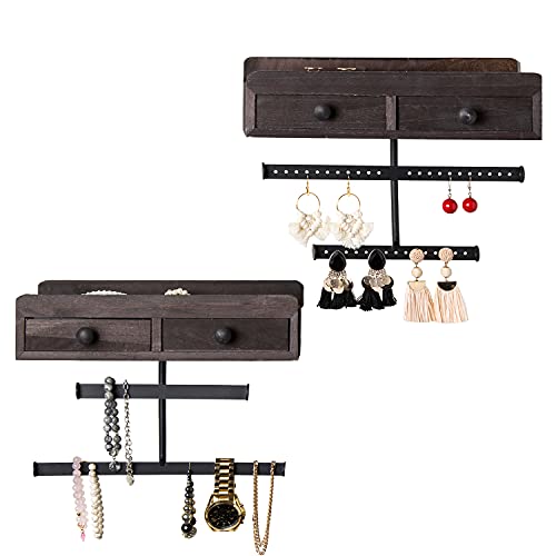 2 Stück Wandhalter Schmuckorganizer mit Holzschublade Aufbewahrungsbox & Verstellbarer Halskettenhalter - Schmuckdisplay für Armbänder, Ohrringe, Accessoires & Make-up Cover