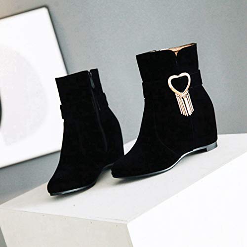 VOKLIN Women's Pointed Toe Wedge Dress Ankle Boots Metallic Suede Zipper Chunky Hidden Heels Short Booties4