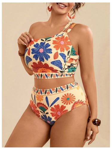 SOLY HUX Plus Size Bikini Sets for Women Floral Print One Shoulder High Waisted Bathing Suit Two Piece Swimsuit3