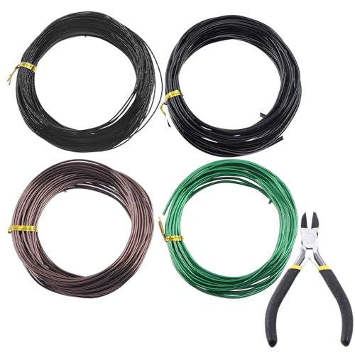 Glarks Kit de 4 rollos de cables para bonsái, 2 mm, 3 mm, 1 mm, 1,5 mm, alambre de aluminio para entrenamiento de bonsái, ramas de árbol con cortador de alambre, juego de aluminio anodizado de 164