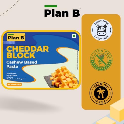 Image of Plan B Plant-Based Cheddar Cheese Block-Pack Of 2(250 g each) | Dairy-Free, Lactose-Free, Ideal for Melting, Grating & Cooking - Made with Cashews - Delicious Cheese Alternative