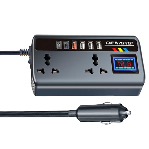 Inversor de corriente - Convertidor de voltaje para automóvil de 15x8,5 cm, función de seguridad de vigilancia | 12V/24V a 220V puertos de carga rápida | Inversor de automóvil para acampar al aire