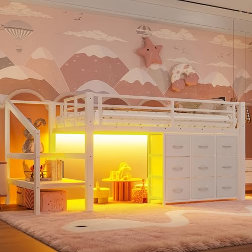 Bellemave Twin Size Loft Bed with 9 Non-Woven Fabric Storage Drawers, Low Loft Bed with Stairs and Lights, Twin Loft Beds with High Rails, Noise Reduced White