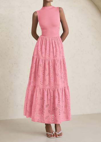 Image of PRETTYGARDEN Summer Dresses for Women 2026 Casual Eyelet Sleeveless Wedding Guest Maxi Dress Tank Top Sundress with Pockets