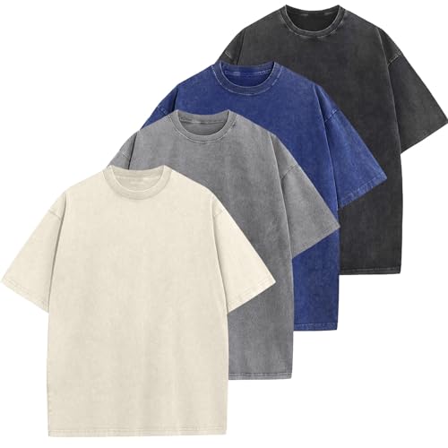 Image of Men's Oversized Cotton T-Shirts Loose Fit Vintage Washed Tee Unisex Short Sleeve Casual Shirts Tops