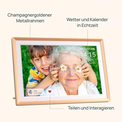 ARZOPA 14 Zoll Metall Digitaler Bilderrahmen Kostenloser Cloud Storage Unbegrenzt Fotos & Videos über App Teilen 1920 * 1200 FHD Touchscreen Elektronischer Bilderrahmen Geschenk für die Familie - D14