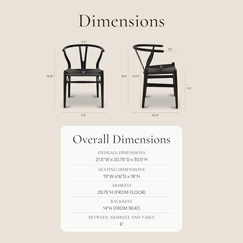 Image of Poly & Bark Weave Dining Chairs - Mid-Century Modern Wishbone Dining Chairs with Arms, Solid Wood Frame, Indoor Use - Pitch Black - Single - Ideal for Dining Room, Kitchen or Stylish Accent Setting