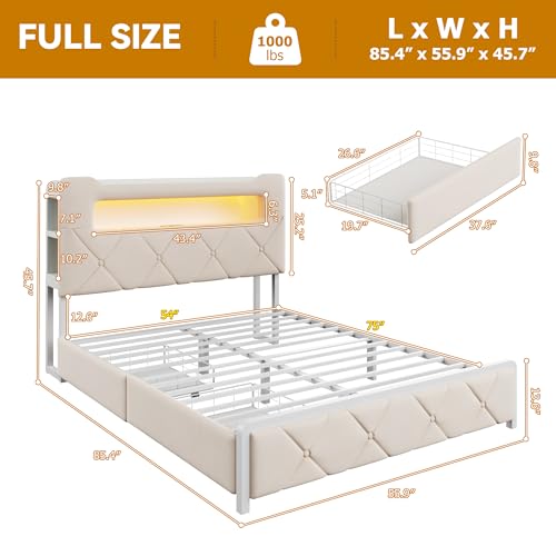Image of Full Upholstered LED Bed Frame with 2 Storage Drawers and 2-Tier Storage Headboard, Velvet Princess Platform Bed with Charging Station & Bookcase,Heavy Duty Metal Support,No Box Spring Needed,Beige