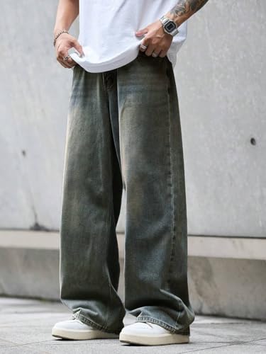 Image of NUCOUTHS Men Greentint Jeans | Stylish Washed Denim Jeans for Men | Slim Fit Casual Wear