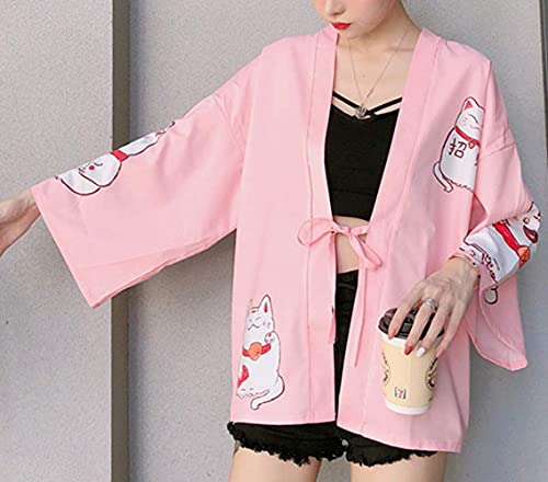 Image of LAI MENG FIVE CATS Women's Lucky Cat Cardigan Kimono Loose Cover up Casual Blouse Cute Tops