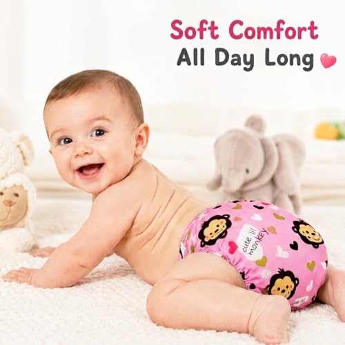 Image of GLUN Adjustable Reusable Baby Cloth Diaper with 2 Absorbent Inserts, Waterproof & Washable Pocket Nappy, Soft Comfortable Fit for Infants and Toddlers, Pink Monkey Print