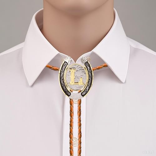 Image of Vintage Western Cowboy Rodeo Initial Letter A-Z Bolo Tie for Men | Premium brown braided leather, adjustable sliding clasp, anti-tarnish alloy pendant, versatile A-Z western bolo tie