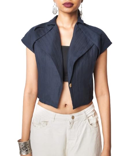 nara Women's Navy Blue Cotton Cropped Blazer Jacket, Short Sleeve with Lapel Collar, Striped Texture-picture-20