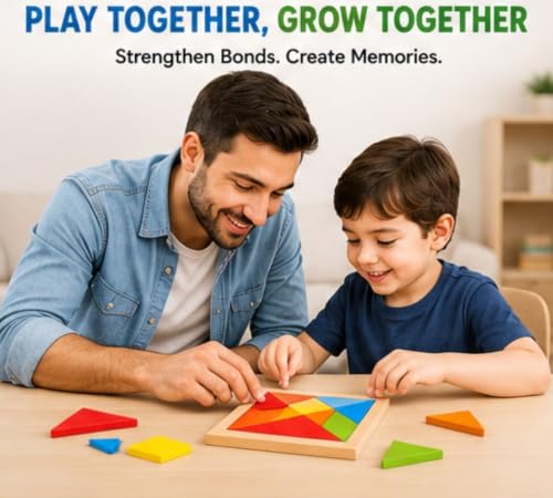 Image of Wooden Tangram Puzzle for Kids, 7 Piece Educational Brain Teaser Puzzle Game, Colourful Wooden IQ Learning Toy, Shape Matching & Pattern Building Travel Game for Boys & Girls Age 3+ Years