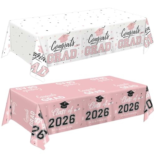 Image of Oigco 2 Pack Pink Graduation Tablecloths, Graduation Decorations Class of 2026, Congrats Grad Plastic Table Cloths for Graduation Party Decorations, 54 x 108 Inch