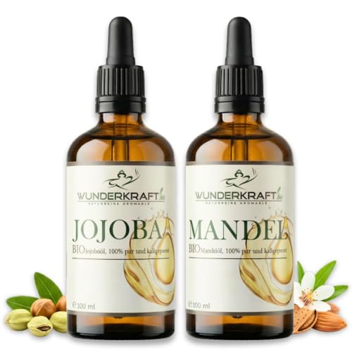 (NUEVO) Aceite de jojoba orgánico y aceite de almendra orgánico en set – 100% aceites puros y prensados en frío de calidad orgánica – Aceite de cuidado premium para la piel, el cabello y la cara |