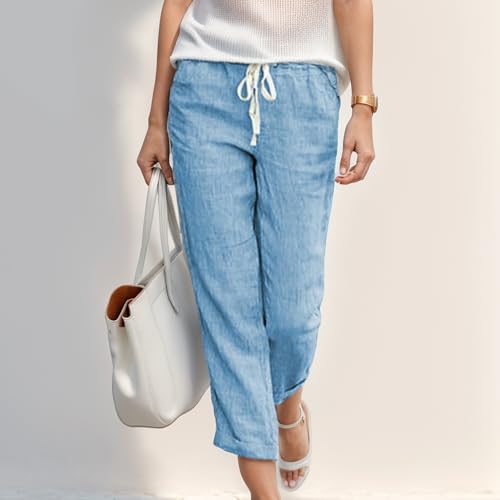 Women's Cropped Trousers Casual Loose Linen Elastic Waist Ankle Pants2