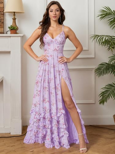 Women's Long Bridesmaid Dresses with Slit Tiered Ruffle Chiffon Wedding Guest Dress Formal Cocktail Party Gown4