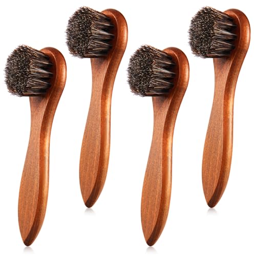 Image of 4 Pcs Horsehair Shine Shoes Brush Kit Polish Dauber Applicators Cleaning Leather Shoes Boots Care Brushes Suede Cleaner Brush with Microfiber Shoe Cloth(Brown Handle B)