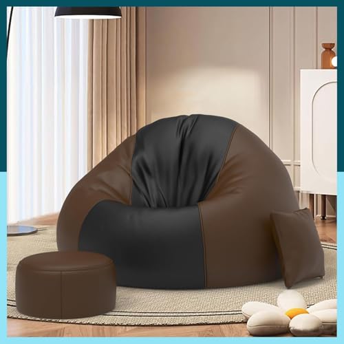 Image of 4XL Faux Leather Bean Bag Cover Set with Matching Footrest and Cushion - No Filling, Great for Home, Office, and Gaming Lounge, Brown & Black (Only Cover)