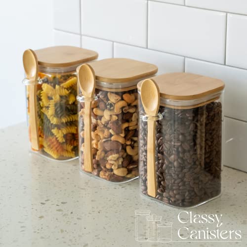 Set Of 3 Square Glass Food Storage Containers With Bamboo Lids & Spoons – Decorative Airtight 40 Ounce Borosilicate Glass Food Storage Jars For Coffee, Tea, Sugar, Flour, Candy, Bath Salts & More #TOP6