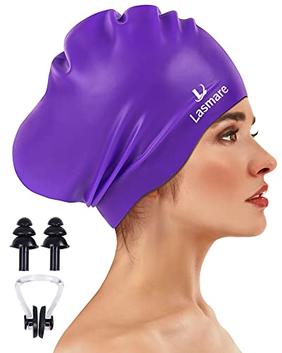 Large Long Hair Swim Cap With Extra Room For Women Men, Silicone Swimming Cap For Long Thick Hair With Ear Plugs Nose Clip Set, Adult Waterproof Swim Hats Bathing Caps To Keep Hair Dry(Purple) #TOP14