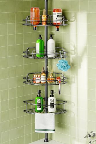 Image of HAMITOR Corner Shower Shelves, 4-Tier AdjustableTension Caddy for Renters | Black Rust-Resistant Bathroom Organizer, No-Drill Quick Install, Space-Saving Storage Shelves For Families 47.7-123.6 Inch