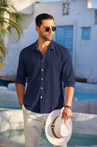 Image of FINIVO FASHION Men's Casual Cotton Plain Button Down Shirt Long Sleeve Textured Summer Beach Shirt for Men