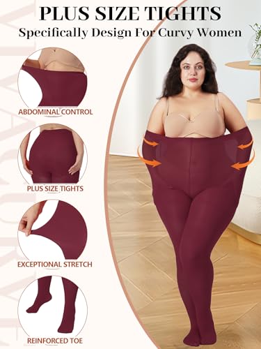 Image of Plus Size Opaque Tights for Women 240D Soft Solid Color Footed High Waist Control Top Pantyhose