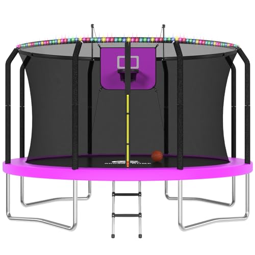 Image of ACWARM HOME Trampoline Outdoor 8FT 10FT 12FT 14FT 15FT 16FT Trampoline with Basketball Hoop and LED Lights, Recreational Trampolines for Kids and Adults with Net and Ladder, ASTM Approved