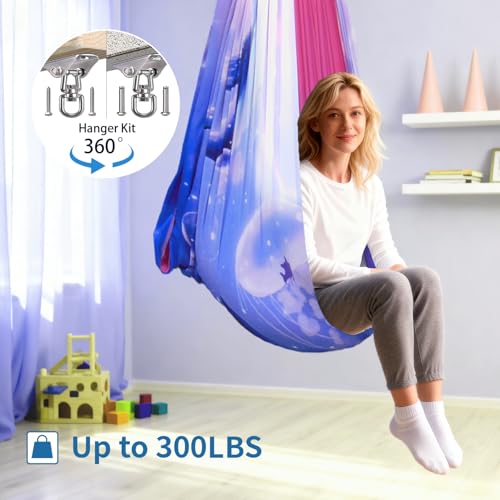Image of Sensory Swing for Kids & Adults with 360 Swivel Hanger Kit, Double Layer Elastic Therapy Swing Holds up to 300lbs for Autism, ADHD,Aspergers, and SPD (Blue PinkDolphin)