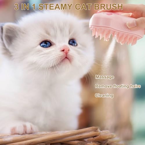 Image of Cat Steam Brush - New 3-in-1 Rechargeable Self-Cleaning for Shedding, Massage & Hair Cleaning, Cat Brush with Steam Suitable for All Cats & Dogs(Pink)