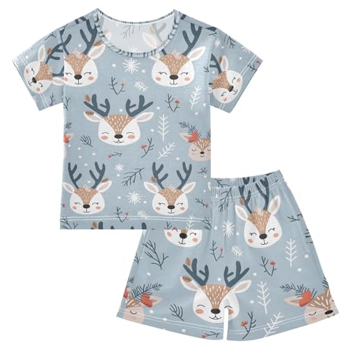 ALAZA Deer Cute Leaves Pajamas Set Short Sleeve Cotton Sleepwear Summer Pjs 2 Piece 5-14Y