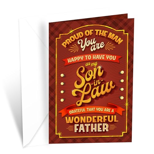 Prime Greetings Son In Law Father's Day Card, Made in America, Thick Card Stock with Premium Envelope Packaged in a Reusable Presentation Mailer, Eco-Friendly, 5in x 7.75in