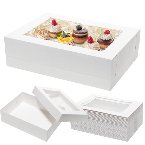 Mefleet 25pcs 14x10x4 Rectangle Cake Boxes with Window - Quarter Sheet Bakery Boxes for Donuts, Cookies, Cupcakes, Pastry Baking Pie Treat Packaging White Large