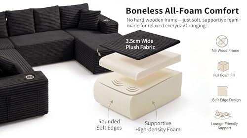 Image of Oversized Cloud Sectional Couches for Living Room, 122 inch U-Shaped 7 Seater Sofa Modular Boneless Couch with Chaise | Deep Seater | Cup Holder | Side Pocket | No-Assembly | Plus Corduroy, Black