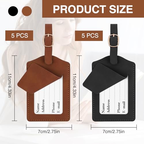 10 Pack Leather Luggage Tags for Suitcases, Leather Luggage Tags with Privacy Cover(Black+Brown)2