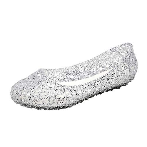 Kontai Womens Sandals Flat Jelly Shoes Glitter Slip on Summer Plastic Ballet Shoes Silver