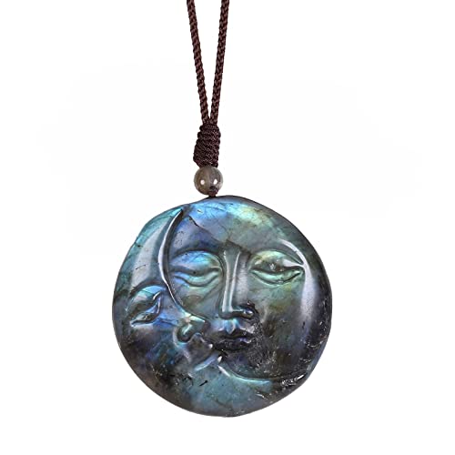 TUMBEELLUWA Natural Labradorite Pendant Necklace for Unisex Handcrafted Crystal Stone Amulet Necklace with Adjustable Cord