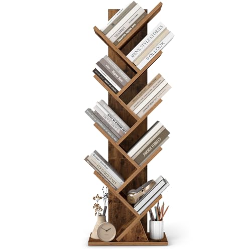 VASAGLE CUSTOS Collection - Tree Bookshelf Modern Bookcase Floor Standing Book Shelf for Bedroom Living Room Home Office 7.9 x 15 x 45.4 Inches Rustic Brown ULBC609K01