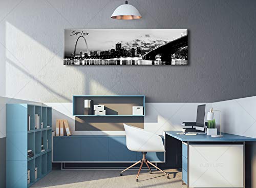Image of DJSYLIFE Panoramic St. Louis Skyline Wall Art Cityscape Picture Black and White Canvas Print Night View Urban Landscape Modern Artwork Office Bedroom Decor Framed and Ready to Hang 13.8 inchx47.3 inch