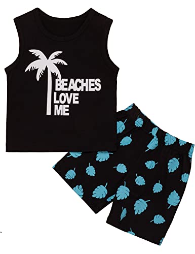 Image of Okbebe Toddler boy Summer Clothes Beaches Love Me Sleeveless Vest Tops+Shorts Outfits (Black, 3T)